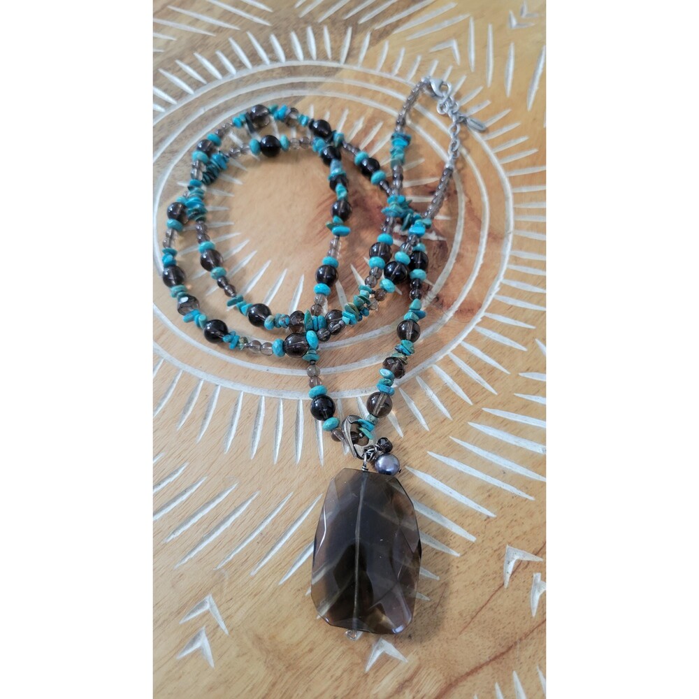 Barse 925 Sterling Smoky Quartz Turquoise Necklace | Long Boho Statement Pendant